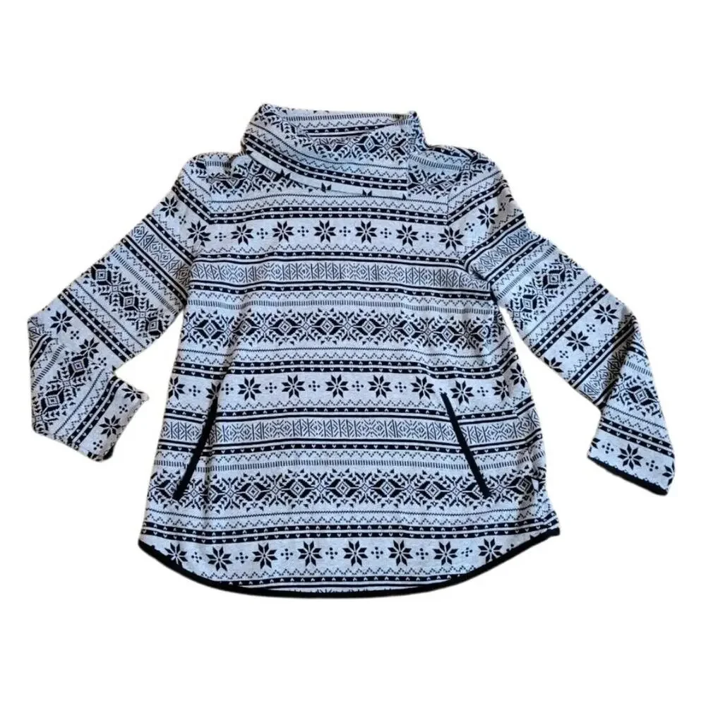 Talbots Sweater Top Womens Medium Petite Black Gray Fair Isle Nordic Turtleneck - Picture 1 of 13